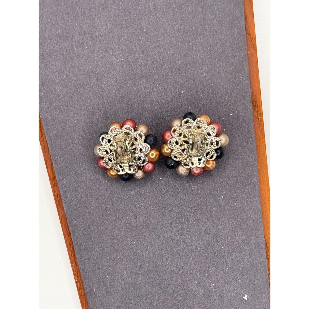 Vintage Japan Multicolor Faux Pearl Cluster Clip-On Statement Earrings - Picture 5 of 11